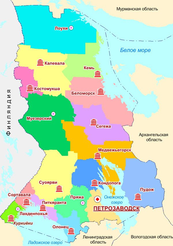 Карта Карелии подробная с городами и поселками.