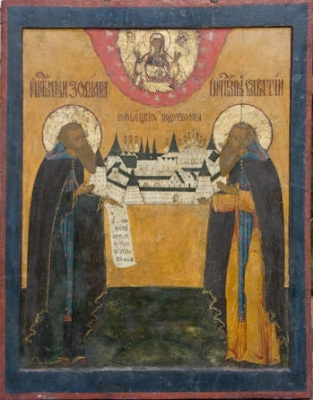 Основатели Соловецкого монастыря Зосима и Савватий на иконе XIX в.